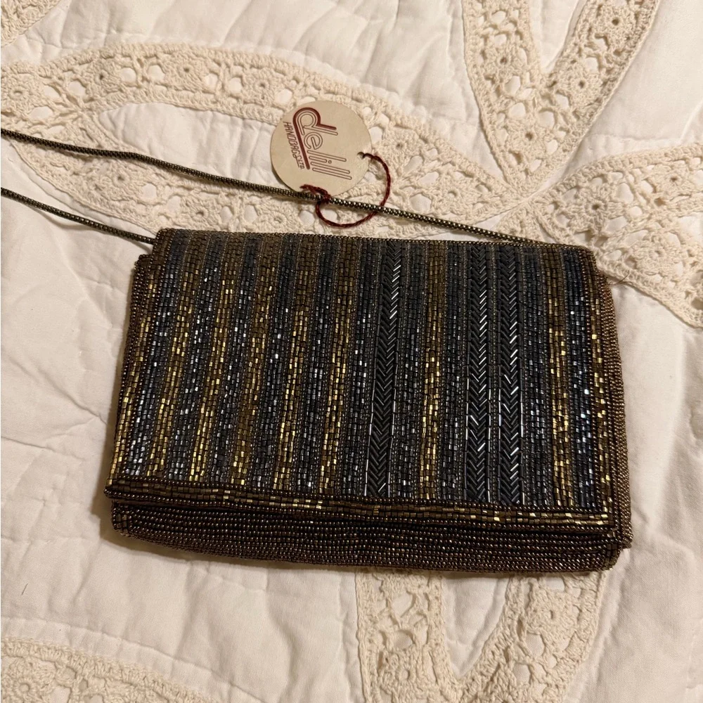 1950’s Vintage Delill beaded evening bag Gold Bronze& Silver Tone Original Tag